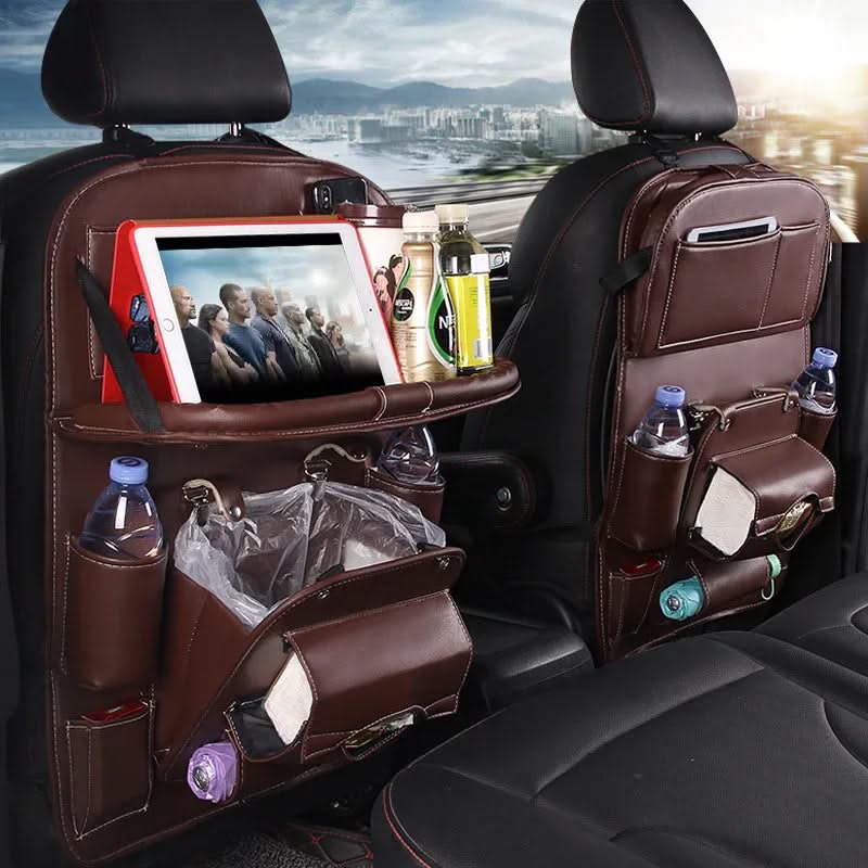 Car Storage Organizer - PU Leather Seat Back Organizer with Tray & Pockets