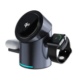 15W Fast Wireless Charger - Auto-Rotating Magnetic LED Charging Stand for Phone & Earbuds Black