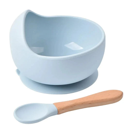 Baby Suction Feeding Bowl with Wooden Spoon - Food Grade Non-Slip Silicone Bowl