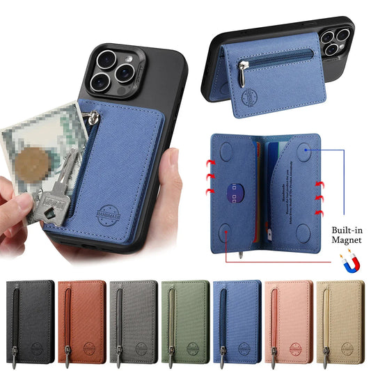 Phone Card Holder Wallet - PU Leather Stick-On Zipper Pouch for iPhone