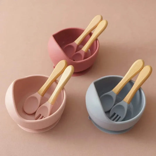 Baby Feeding Bowl Set - 3 Piece Silicone Suction Bowl with Wooden Spoon & Fork