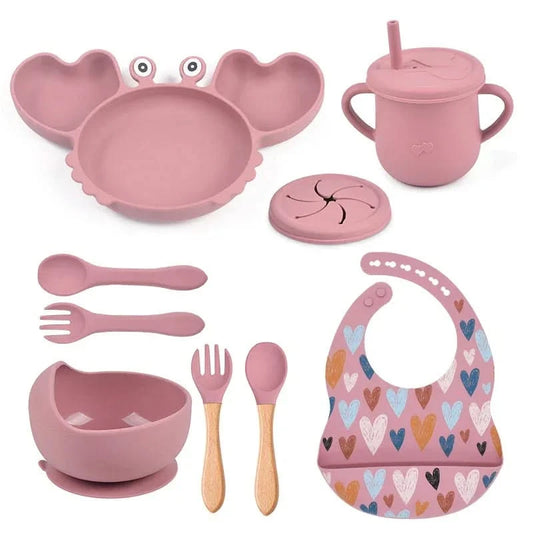 Baby Feeding Set 9 Piece - Silicone Suction Bowls, Plates, Bib & Cup - Cute Crab Design - BPA Free