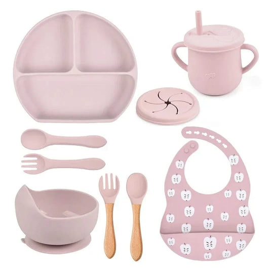 Baby Tableware Set - 9 Piece Silicone Feeding Set with Suction Plates, Bowls & Bib - BPA Free